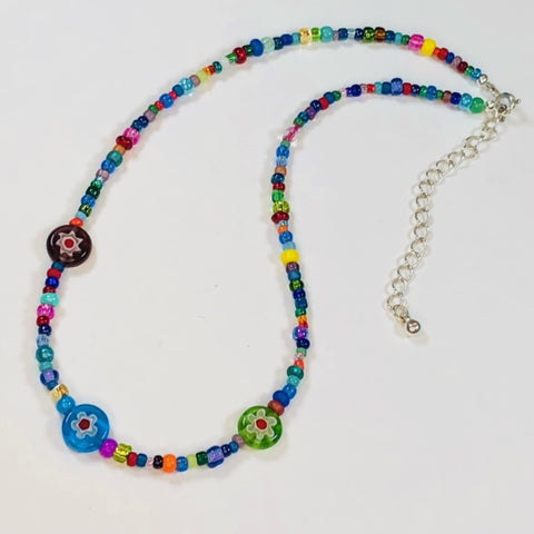 Boho Style Multicolored 14 Inch Beaded Choker Necklace with Glass Millefiori Beads