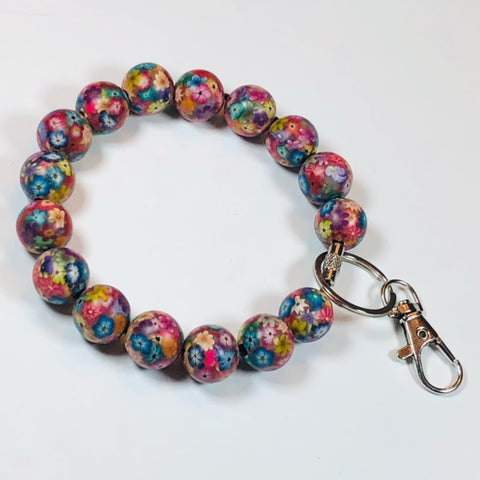 Ten Inch Stainless Steel Wire Cable Keychain Wristlet with Handmade Polymer Clay Floral Beads - Large