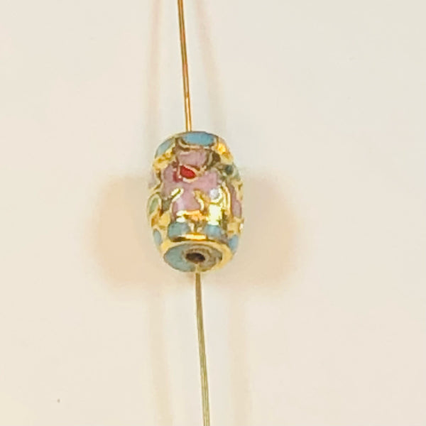 Vintage Enamel Cloisonné Gold Flower Barrel Shaped Bead 13mm x 10mm Focal Bead