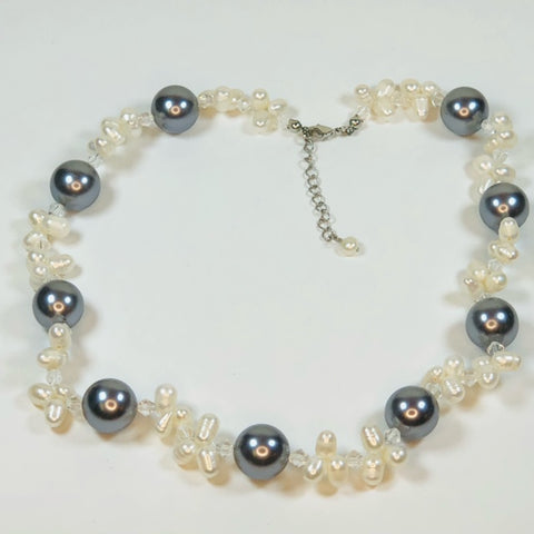 Beautiful 18" WINTER Beaded Necklace with Freshwater Pearls, Grey Glass Beads & Crystals