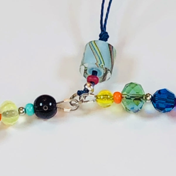 Handmade Beaded Mobile Phone Strap Charm - Multicolored Beads with Blue Furnace Glass