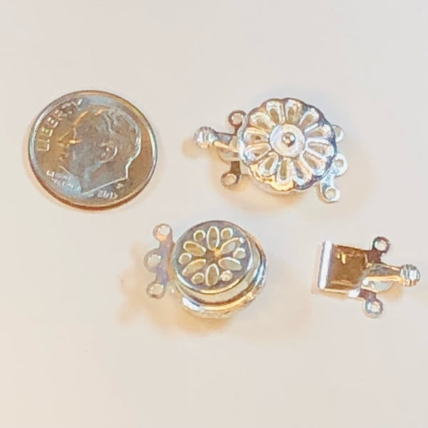 Three Strand Box Clasp - Silver-Finished Brass - 13mm Round Flower with Teardrop