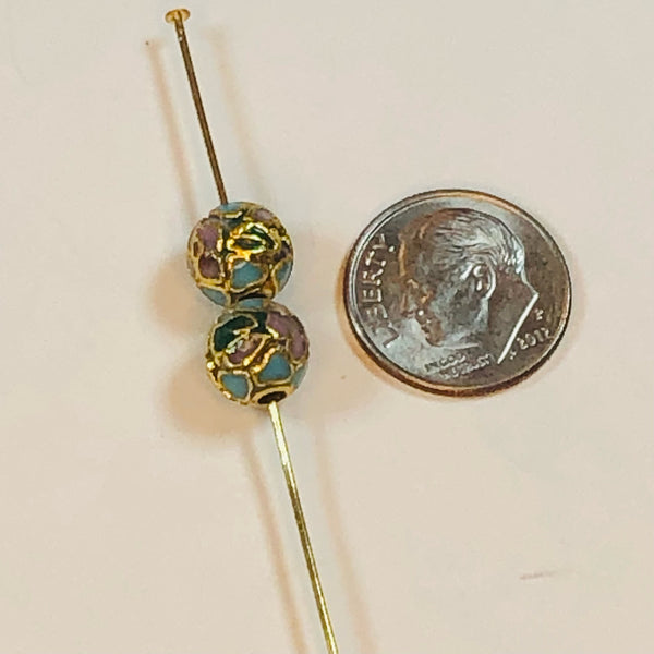 Vintage Enamel Cloisonné Gold Flower Round Bead 8mm - Set of Two