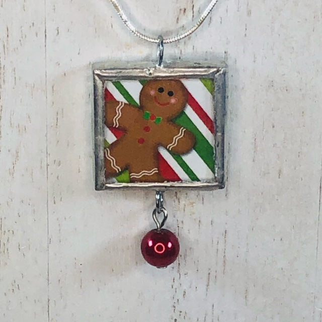 Handmade Reversible Glass and Silver Soldered Charm Pendant Necklace - 1"x 1" - Gingerbread Man   jennrossdesigns.com