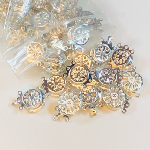 Three Strand Box Clasp - Silver-Finished Brass - 13mm Round Flower with Teardrop