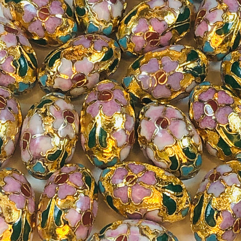 Large Vintage Enamel Cloisonné Gold Flower Bead Oval 24mm x 15mm Focal Bead