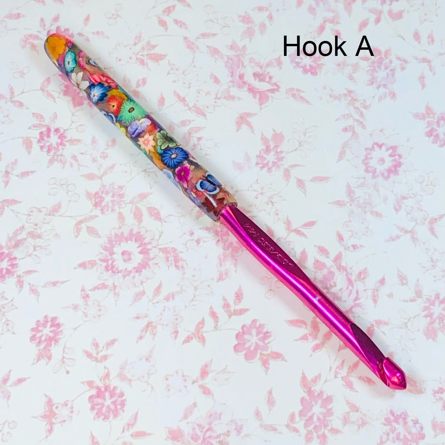 Susan Bates I/9 Polymer Clay Covered Crochet Hook - Colorful Flowers and Blue Butterflies