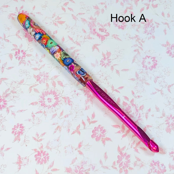 Susan Bates I/9 Polymer Clay Covered Crochet Hook - Colorful Flowers and Blue Butterflies