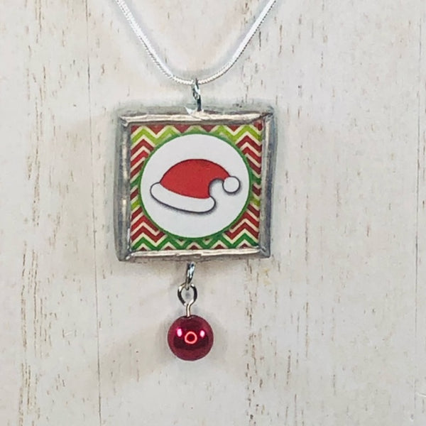 Handmade Reversible Glass and Silver Soldered Charm Pendant Necklace - 1"x 1" - Christmas Trees