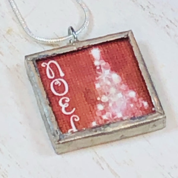 Handmade Reversible Glass and Silver Soldered Pendant - 1"x 1" - Noel