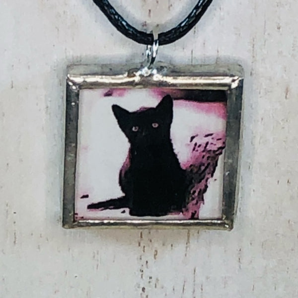 Handmade Reversible Glass and Silver Soldered Charm Pendant Necklace - 1"x 1" - Lead Free - Black Kitten