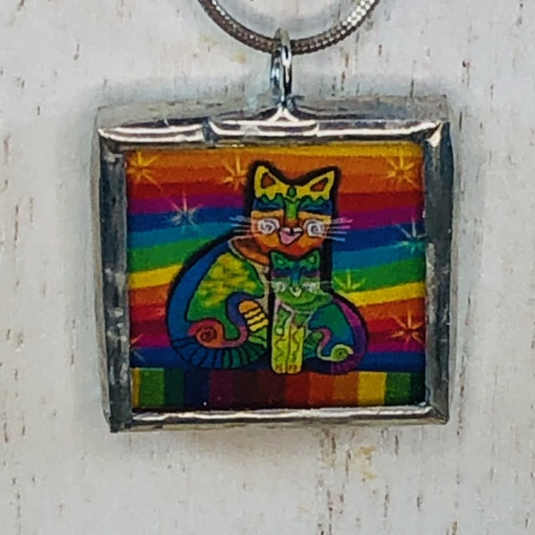 Handmade Reversible Glass and Silver Soldered Charm Pendant Necklace - 1"x 1" -Rainbow Kitties