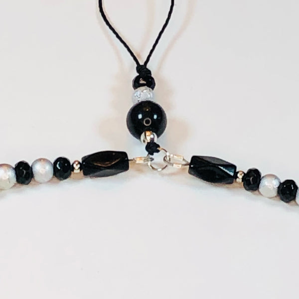 Handmade Beaded Mobile Phone Strap Charm - Black and Silver Beads with White Skulls