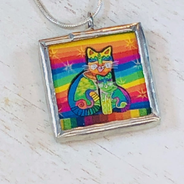 Handmade Reversible Glass and Silver Soldered Charm Pendant Necklace - 1"x 1" -Rainbow Kitties