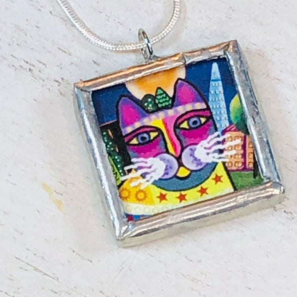 Handmade Reversible Glass and Silver Soldered Charm Pendant Necklace - 1"x 1" -Rainbow Kitties