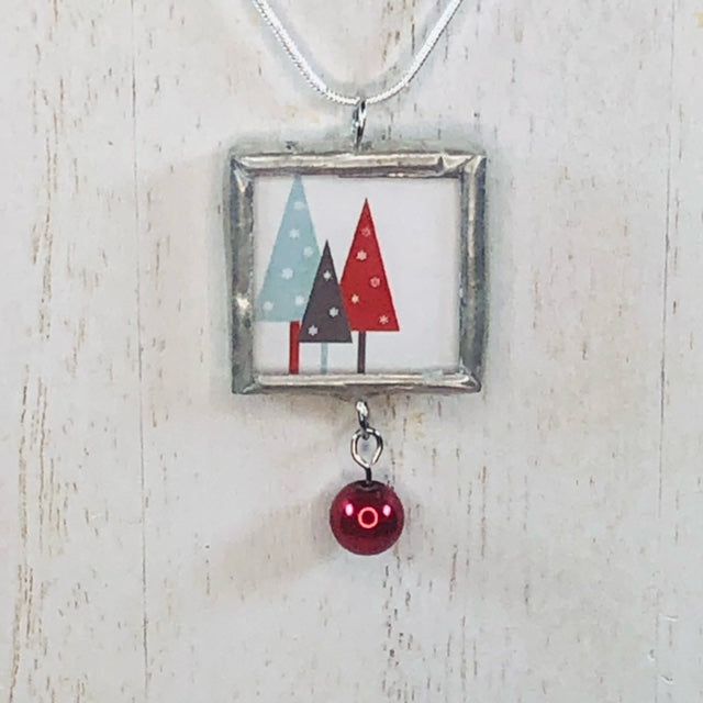 Handmade Reversible Glass and Silver Soldered Charm Pendant Necklace - 1"x 1" - Christmas Trees  jennrossdesigns.com