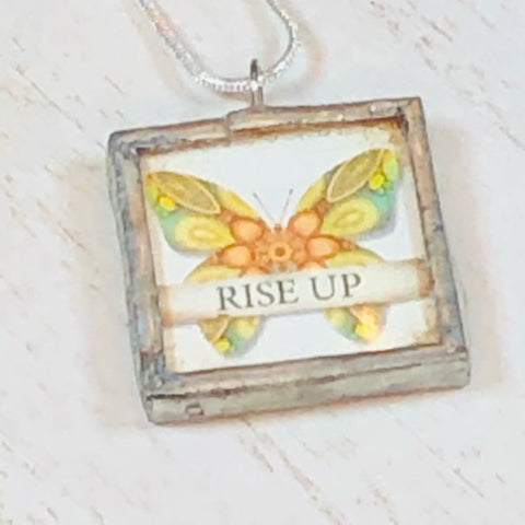 Handmade Reversible Glass and Silver Soldered Pendant - 1"x 1" - Rise Up Butterfly