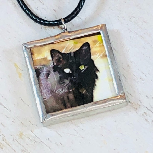 Handmade Reversible Glass and Silver Soldered Charm Pendant Necklace - 1"x 1" - Lead Free - Black Kitten