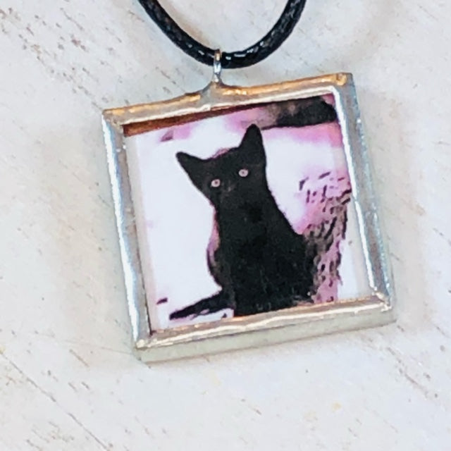 Handmade Reversible Glass and Silver Soldered Charm Pendant Necklace - 1"x 1" - Lead Free - Black Kitten