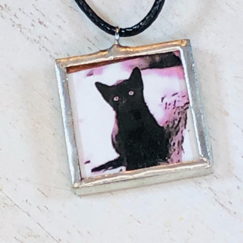 Handmade Reversible Glass and Silver Soldered Charm Pendant Necklace - 1"x 1" - Lead Free - Black Kitten