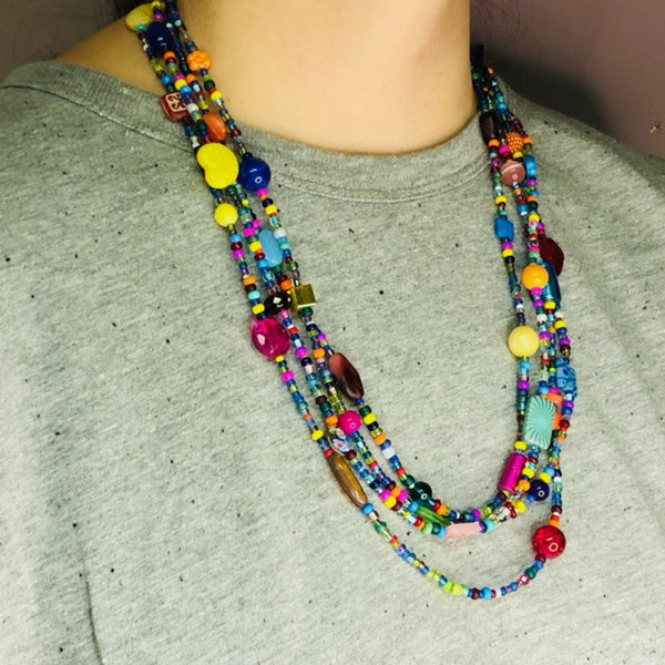 Handmade Boho Style Seed Bead Necklace with Colorful Focal Beads