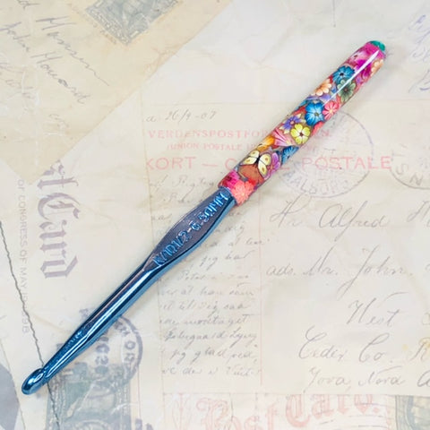 Polymer Clay Embellished Crochet Hook - Boye - Size K 6.50mm - Flowers and Yellow Butterflies