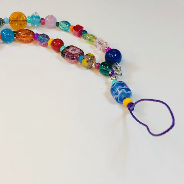 Handmade Beaded Mobile Phone Strap Charm - Multicolored Beads with Blue Lampworked Bead