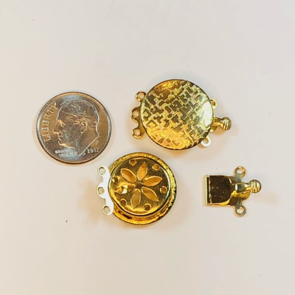 Three Strand Box Clasp - Gold-Plated Brass - 14mm Round Textured