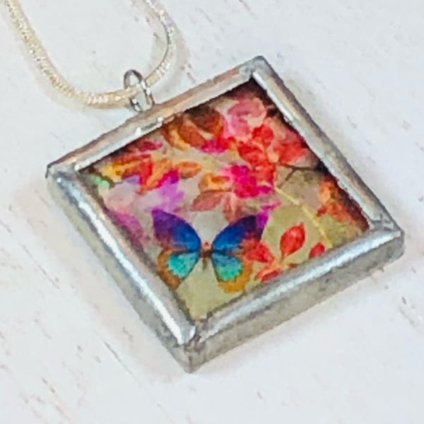 Handmade Reversible Glass and Silver Soldered Pendant - 1"x 1" - Brilliant Butterflies