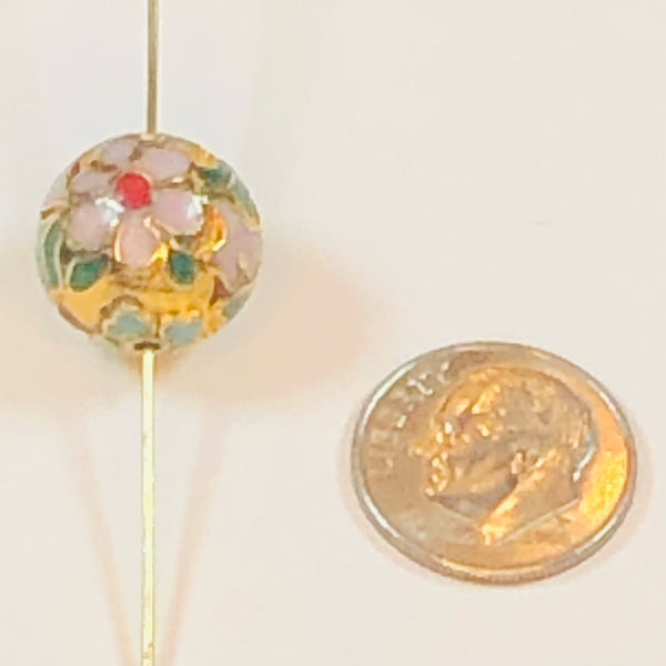 Vintage Enamel Cloisonné Gold Flower Round Bead 14mm Focal Bead