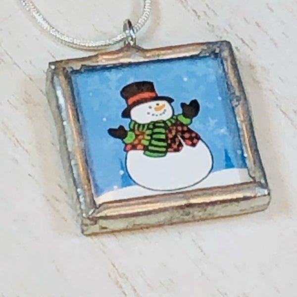 Handmade Reversible Glass and Silver Soldered Pendant - 1"x 1" - Snowman