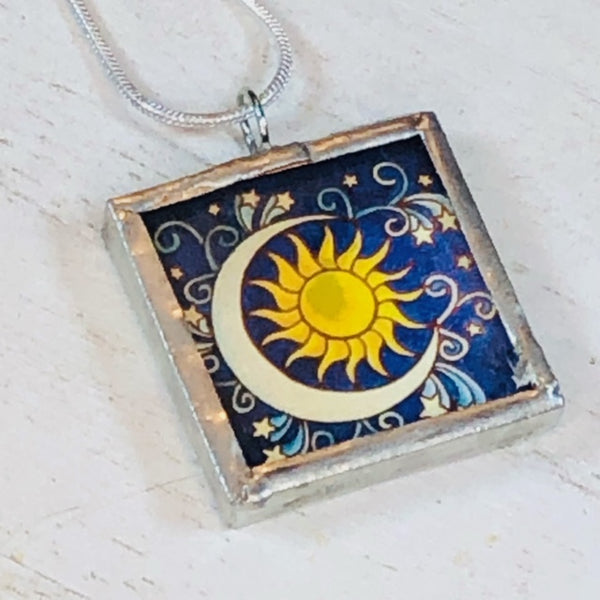 Handmade Reversible Glass and Silver Soldered Charm Pendant Necklace - 1"x 1" - Moon and Sun