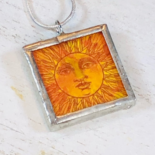 Handmade Reversible Glass and Silver Soldered Charm Pendant Necklace - 1"x 1" - Moon and Sun