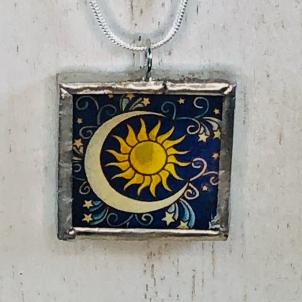 Handmade Reversible Glass and Silver Soldered Charm Pendant Necklace - 1"x 1" - Moon and Sun