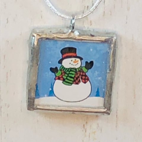 Handmade Reversible Glass and Silver Soldered Pendant - 1"x 1" - Snowman