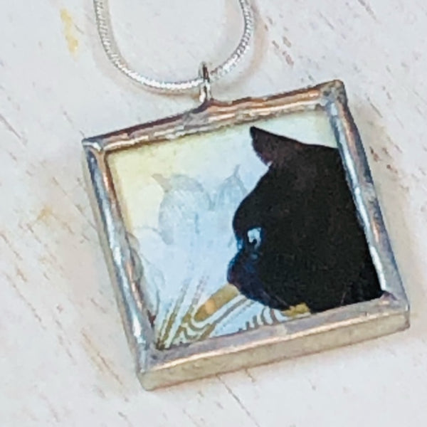 Handmade Reversible Glass and Silver Soldered Charm Pendant Necklace - 1"x 1" - Happy Kitten