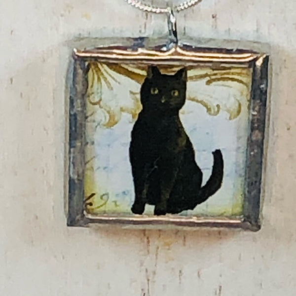 Handmade Reversible Glass and Silver Soldered Charm Pendant Necklace - 1"x 1" - Happy Kitten