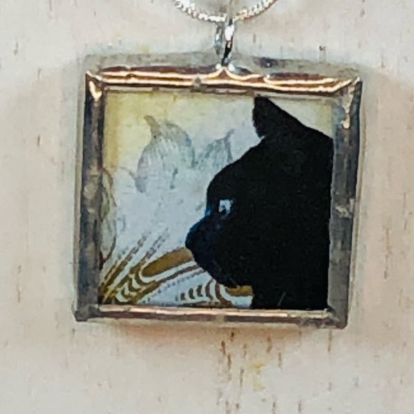 Handmade Reversible Glass and Silver Soldered Charm Pendant Necklace - 1"x 1" - Happy Kitten