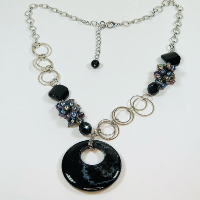 Beautiful 22" Statement Necklace Black Agate and Freshwater Pearls