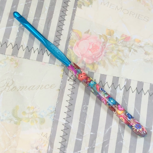 Polymer Clay Embellished Crochet Hook - Susan Bates - Size H/8  5.00mm - Flowers and Blue Butterflies  jennrossdesigns.com