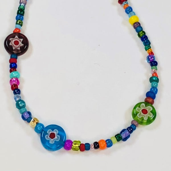 Boho Style Multicolored 14 Inch Beaded Choker Necklace with Glass Millefiori Beads