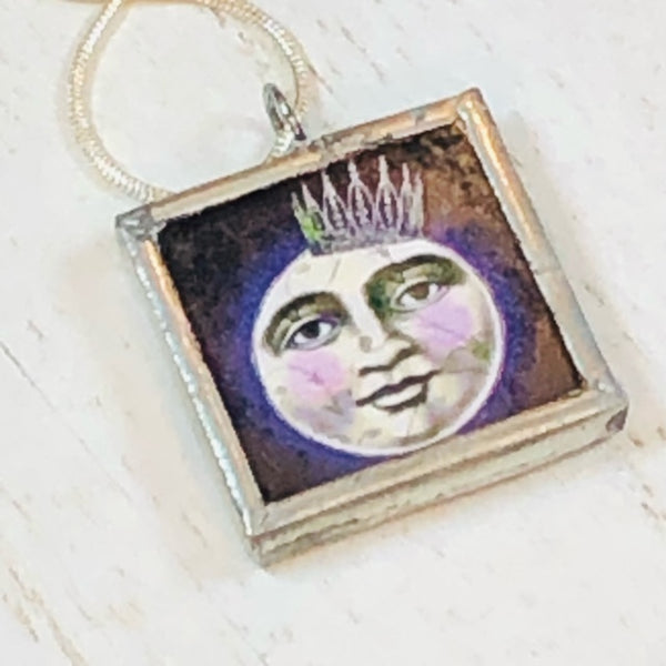 Handmade Reversible Glass and Silver Soldered Pendant - 1"x 1" - King Moon