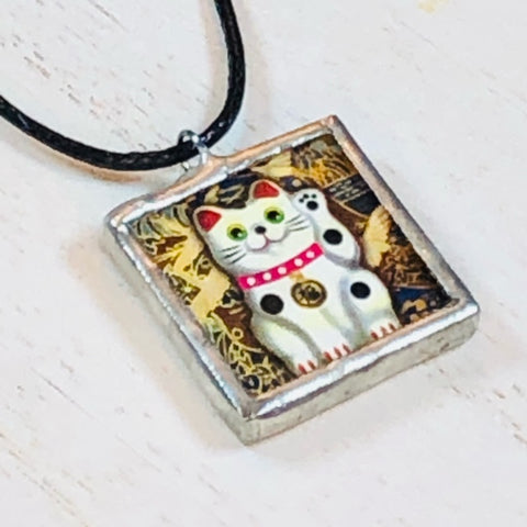 Handmade Reversible Glass and Silver Soldered Pendant - 1"x 1" - Waving Cat