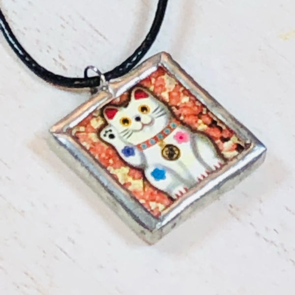 Handmade Reversible Glass and Silver Soldered Pendant - 1"x 1" - Waving Cat