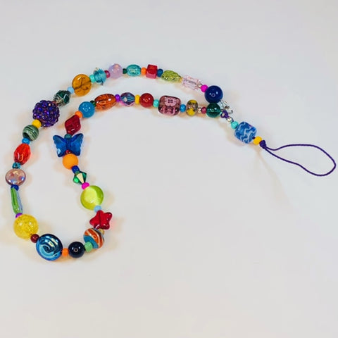 Handmade Beaded Mobile Phone Strap Charm - Multicolored Beads with Blue Lampworked Bead - jennrossdesigns.com