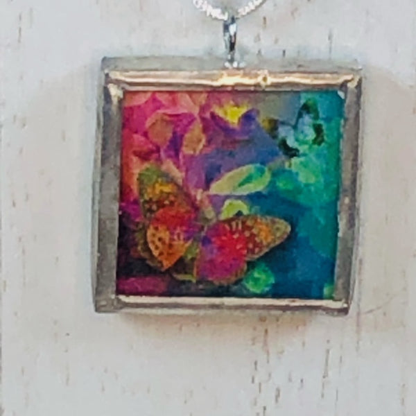 Handmade Reversible Glass and Silver Soldered Pendant - 1"x 1" - Brilliant Butterflies