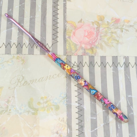 Polymer Clay Embellished Crochet Hook - Susan Bates - Size C/2  2.75mm - Flowers and Blue Butterflies