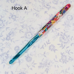 Susan Bates H/8 Polymer Clay Covered Crochet Hook - Blue Flowers and Translucent Butterflies