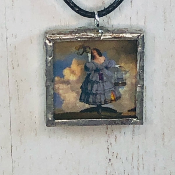 Handmade Reversible Glass and Silver Soldered Charm Pendant Necklace - 1"x 1" - Girl in Blue Dress