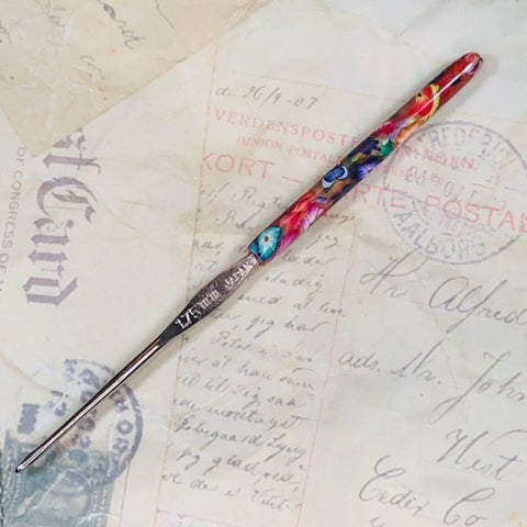 Polymer Clay Covered Steel Crochet Hook - Susan Bates - Size 4 - 1.75mm - Colorful Floral Design with Blue Butterflies